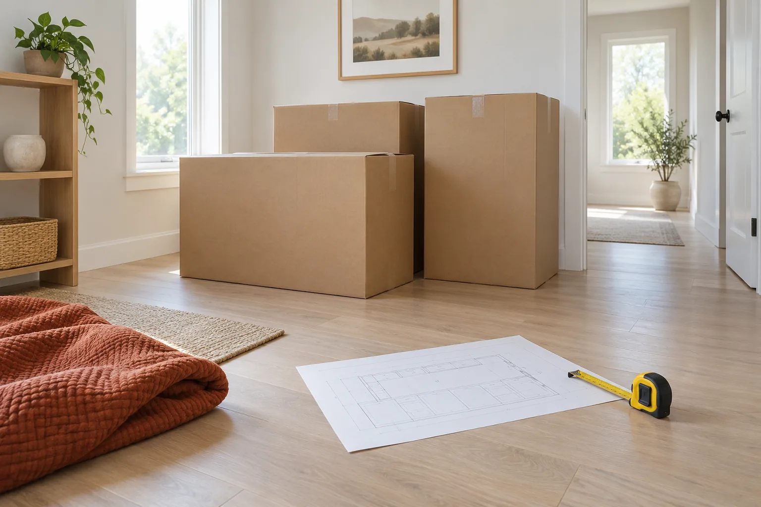 Three cabinet cartons in a bright room beside a blank room drawing and tape measure